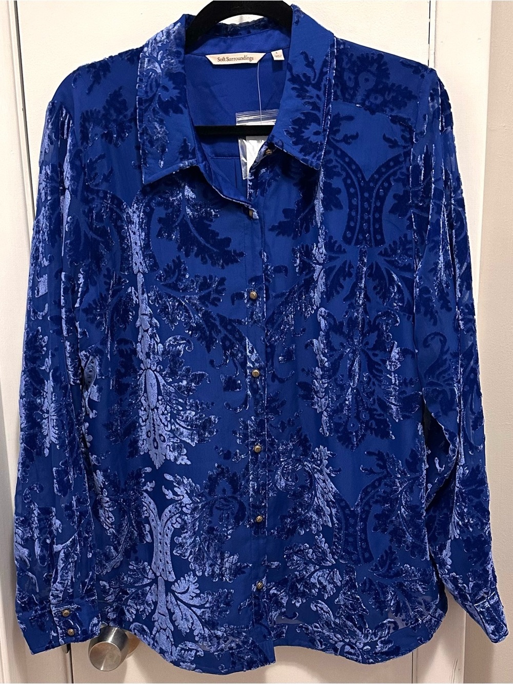 Soft Surroundings Floreat Velvet Burnout Button Up Top L NEW Sapphire Blue